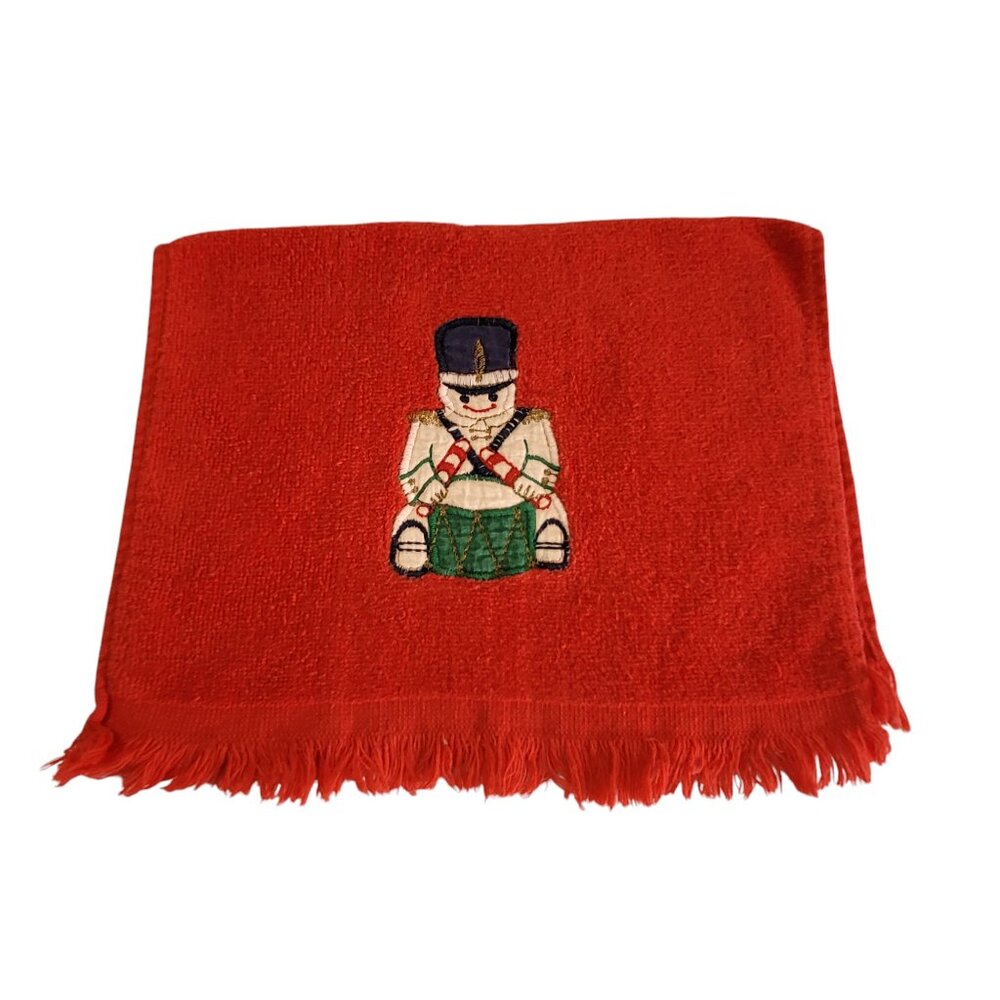 Drummer Soldier Boy Red Hand Towel Vintage Christmas Fringe Stitched on Design